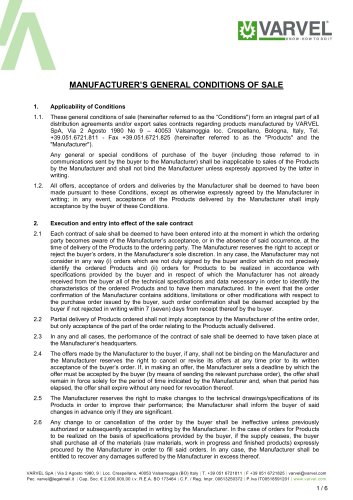 Manufacturer's General Conditions Of Sale