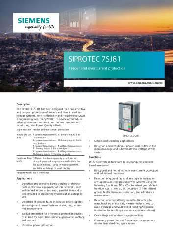 SIPROTEC 7SJ81 Feeder and overcurrent protection