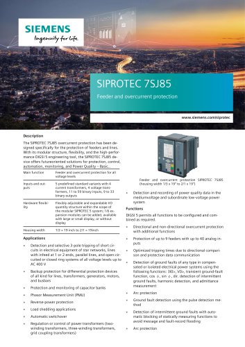 SIPROTEC 7SJ85 Feeder and overcurrent protection