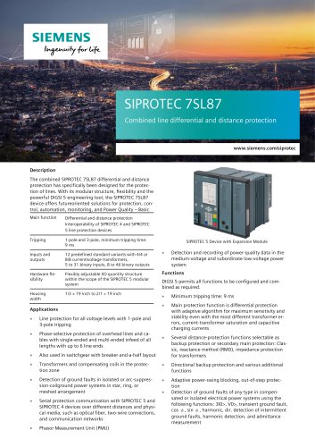 SIPROTEC 7SL87 Combined line differential and distance protection