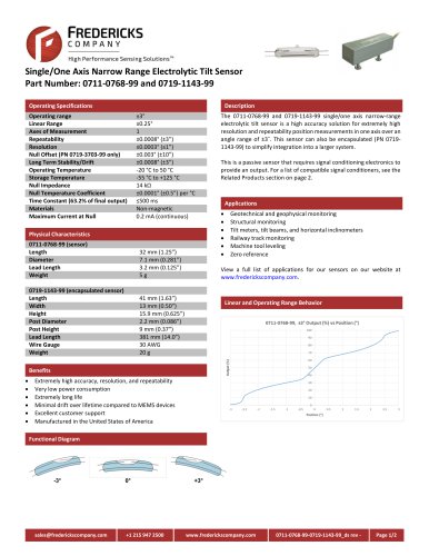 Single/One Axis Narrow Range Electrolytic Tilt Sensor | Part Number 0711-0768-99 and 0719-1143-99