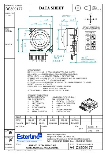 25mm Vandal Proof Panel Mounted Trackball Datasheet, Part No DS509177