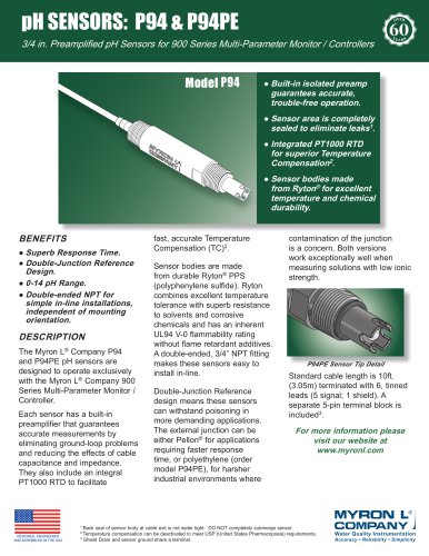 .75 inch Preamplified pH SENSORS: P94 & P94PE