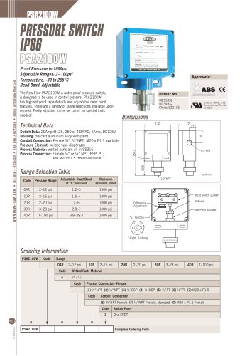 PSA2100W Pressure Switch