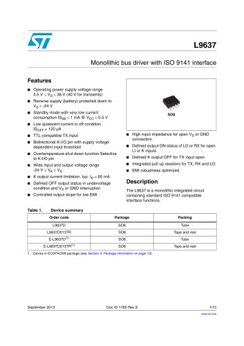 L9637 Monolithic bus driver with ISO 9141 interface