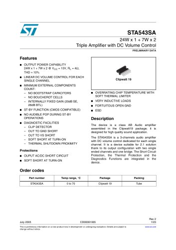 STA543SA 1x 24 W + 2 X 7 W triple amplifier with DC volume control