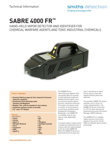 SABRE FR HAND-HELD VAPOR DETECTOR AND IDENTIFIER FOR CHEMICAL WARFARE AGENTS AND TOXIC INDUSTRIAL CHEMICALS