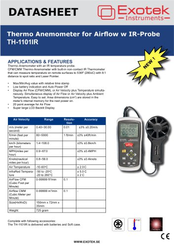 Thermo Anemometer for Airflow w IR-Probe TH-1101IR