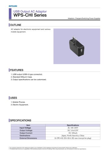 WPS-CHI Series USB Output AC Adaptor for Chinese Market