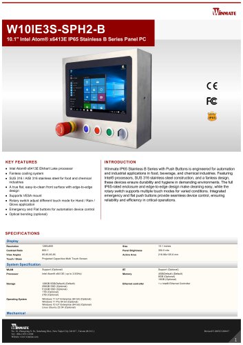 10.1" Intel Atom&reg; x6413E IP65 Stainless B Series Panel PC W10IE3S-SPH2-B