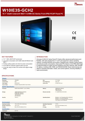 10.1" Intel&reg; Celeron&reg; N6211 G-WIN GC-Series Front IP65 PCAP Panel PC W10IE3S-GCH2
