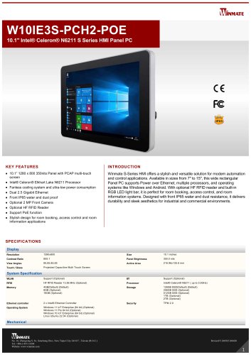 10.1" Intel&reg; Celeron&reg; N6211 S Series HMI Panel PC W10IE3S-PCH2-POE