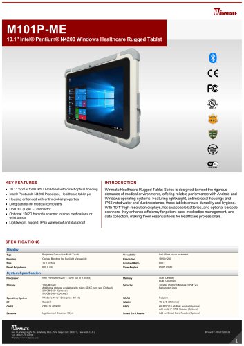 10.1" Intel&reg; Pentium&reg; N4200 Windows Healthcare Rugged Tablet M101P-ME