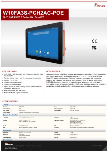 10.1" NXP i.MX6 S Series HMI Panel PC W10FA3S-PCH2AC-POE
