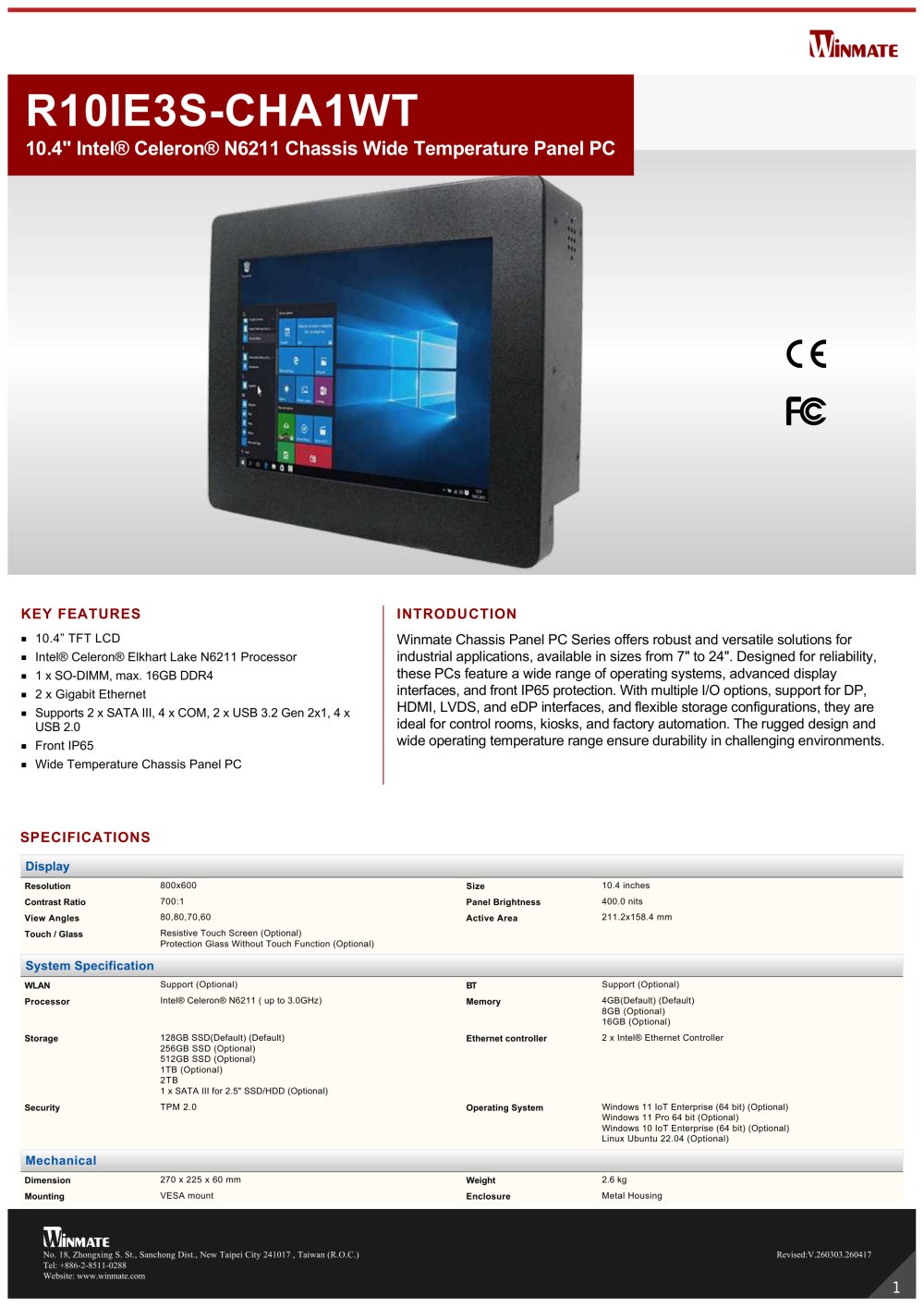 10.4" Intel&reg; Celeron&reg; N6211 Chassis Wide Temperature Panel PC R10IE3S-CHA1WT - Winmate, Inc.
