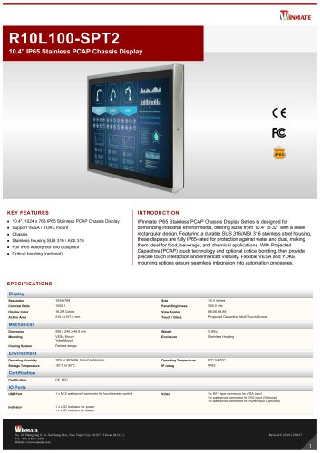 10.4" IP65 Stainless PCAP Chassis Display R10L100-SPT2