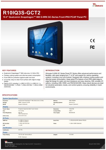 10.4" Qualcomm Snapdragon&trade; 660 G-WIN GC-Series Front IP65 PCAP Panel PC R10IQ3S-GCT2