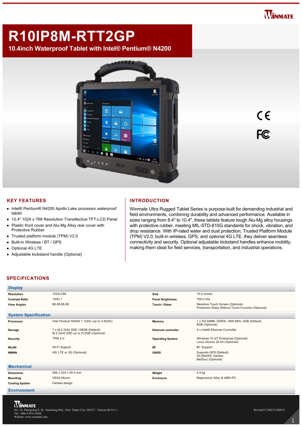 10.4inch Waterproof Tablet with Intel&reg; Pentium&reg; N4200 R10IP8M-RTT2GP - Winmate, Inc.