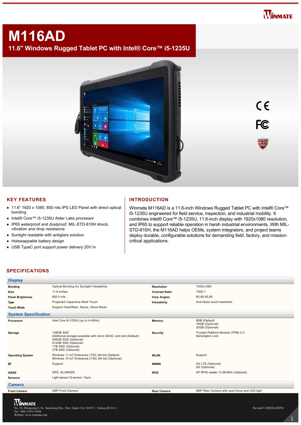 11.6" Windows Rugged Tablet PC with Intel&reg; Core&trade; i5-1235U M116AD - Winmate, Inc.
