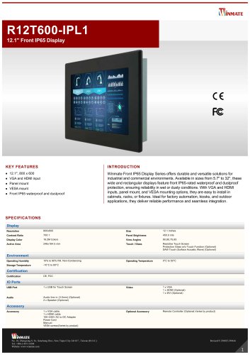 12.1" Front IP65 Display  R12T600-IPL1
