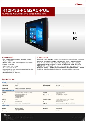 12.1" Intel&reg; Pentium&reg; N4200 S Series HMI Panel PC R12IP3S-PCM2AC-POE