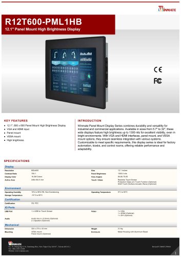 12.1" Panel Mount High Brightness Display  R12T600-PML1HB
