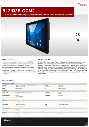 12.1" Qualcomm Snapdragon&trade; 660 G-WIN GC-Series Front IP65 PCAP Panel PC R12IQ3S-GCM2