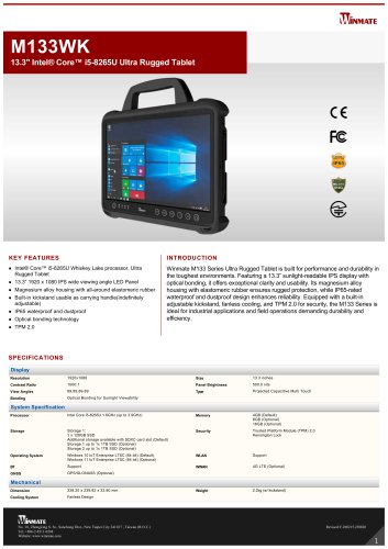 13.3" Intel&reg; Core&trade; i5-8265U Ruggedized Tablet M133WK