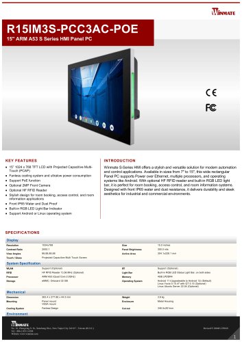 15" ARM A53 S Series HMI Panel PC R15IM3S-PCC3-POE