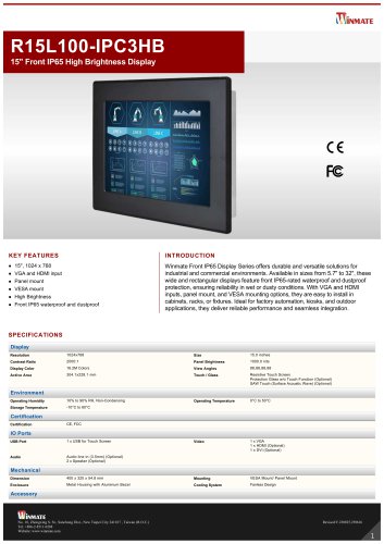 15" Front IP65 High Brightness Display  R15L100-IPC3HB 