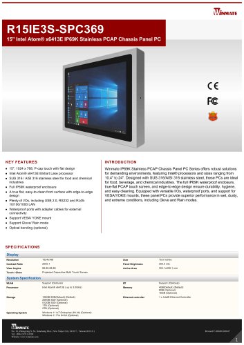 15" Intel Atom&reg; x6413E IP69K Stainless PCAP Chassis Panel PC R15IE3S-SPC369