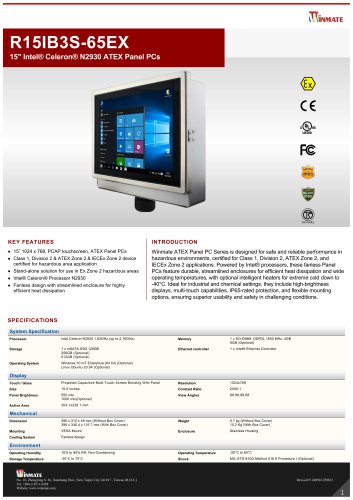15" Intel&reg; Celeron&reg; N2930 ATEX Panel PCs R15IB3S-65EX
