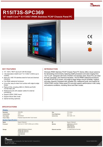 15" Intel&reg; Core&trade; i5-1135G7 IP69K Stainless PCAP Chassis Panel PC R15IT3S-SPC369