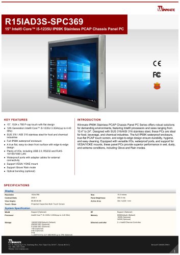 15" Intel&reg; Core&trade; i5-1235U IP69K Stainless PCAP Chassis Panel PC R15IAD3S-SPC369