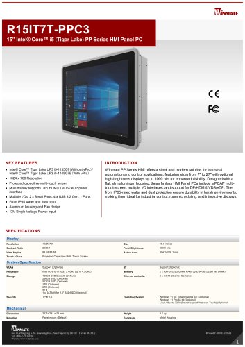 15&rdquo; Intel&reg; Core&trade; i5 (Tiger Lake) PP Series HMI Panel PC R15IT7T-PPC3