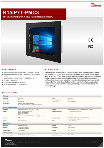 15" Intel&reg; Pentium&reg; N4200 Panel Mount Panel PC R15IP7T-PMC3