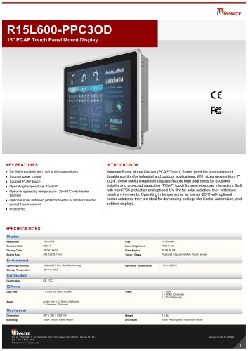 15" PCAP Touch Panel Mount Display R15L600-PPC3OD
