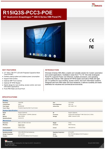 15" Qualcomm Snapdragon&trade; 660 S Series HMI Panel PC R15IQ3S-PCC3-POE