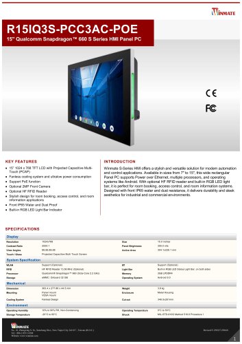 15" Qualcomm Snapdragon&trade; 660 S Series HMI Panel PC R15IQ3S-PCC3AC-POE