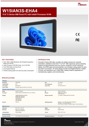 15.6" E Series HMI Panel PC with Intel&reg; Processor N150 W15IAN3S-EHA4