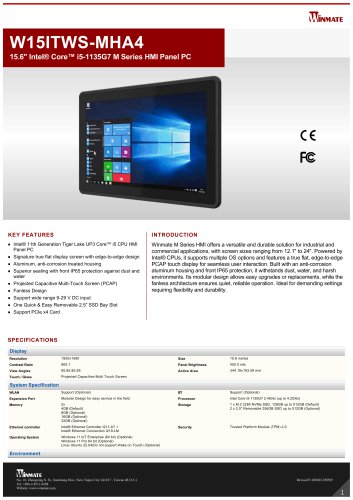 15.6" Intel&reg; Core&trade; i5-1135G7 M Series HMI Panel PC W15ITWS-MHA4