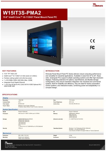 15.6" Intel&reg; Core&trade; i5-1135G7 Panel Mount Panel PC W15IT3S-PMA2