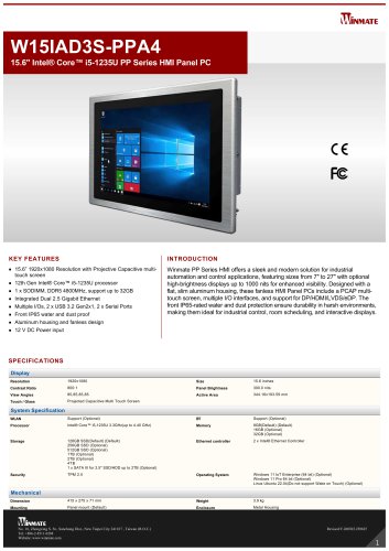 15.6" Intel&reg; Core&trade; i5-1235U PP Series HMI Panel PC W15IAD3S-PPA4