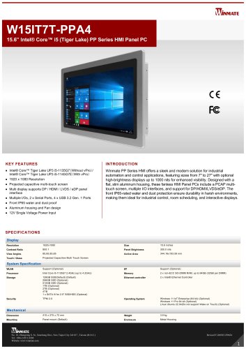 15.6&rdquo; Intel&reg; Core&trade; i5 (Tiger Lake) PP Series HMI Panel PC W15IT7T-PPA4