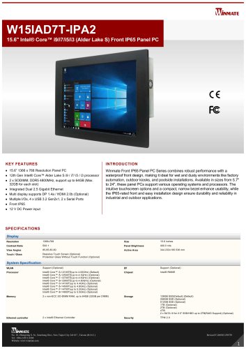 15.6" Intel&reg; Core&trade; i9/i7/i5/i3 (Alder Lake S) Front IP65 Panel PC W15IAD7T-IPA2