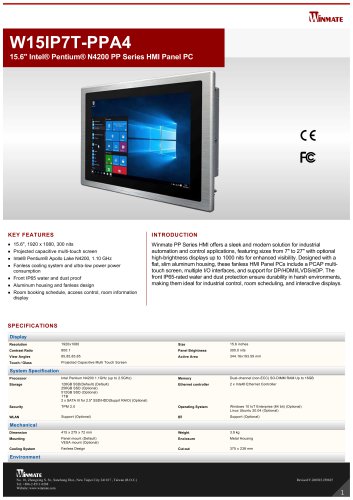 15.6" Intel&reg; Pentium&reg; N4200 PP Series HMI Panel PC W15IP7T-PPA4