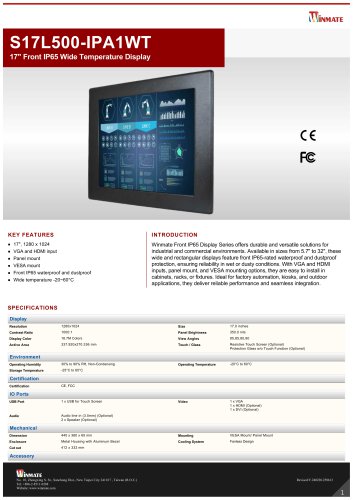 17" Front IP65 Wide Temperature Display S17L500-IPA1WT 