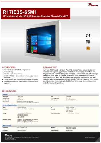 17" Intel Atom&reg; x6413E IP65 Stainless Resistive Chassis Panel PC R17IE3S-65M1