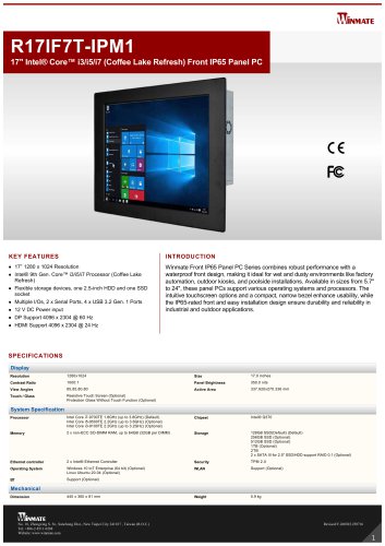 17" Intel&reg; Core&trade; i3/i5/i7 (Coffee Lake Refresh) Front IP65 Panel PC R17IF7T-IPM1