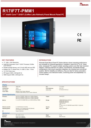 17" Intel&reg; Core&trade; i3/i5/i7 (Coffee Lake Refresh) Panel Mount Panel PC R17IF7T-PMM1
